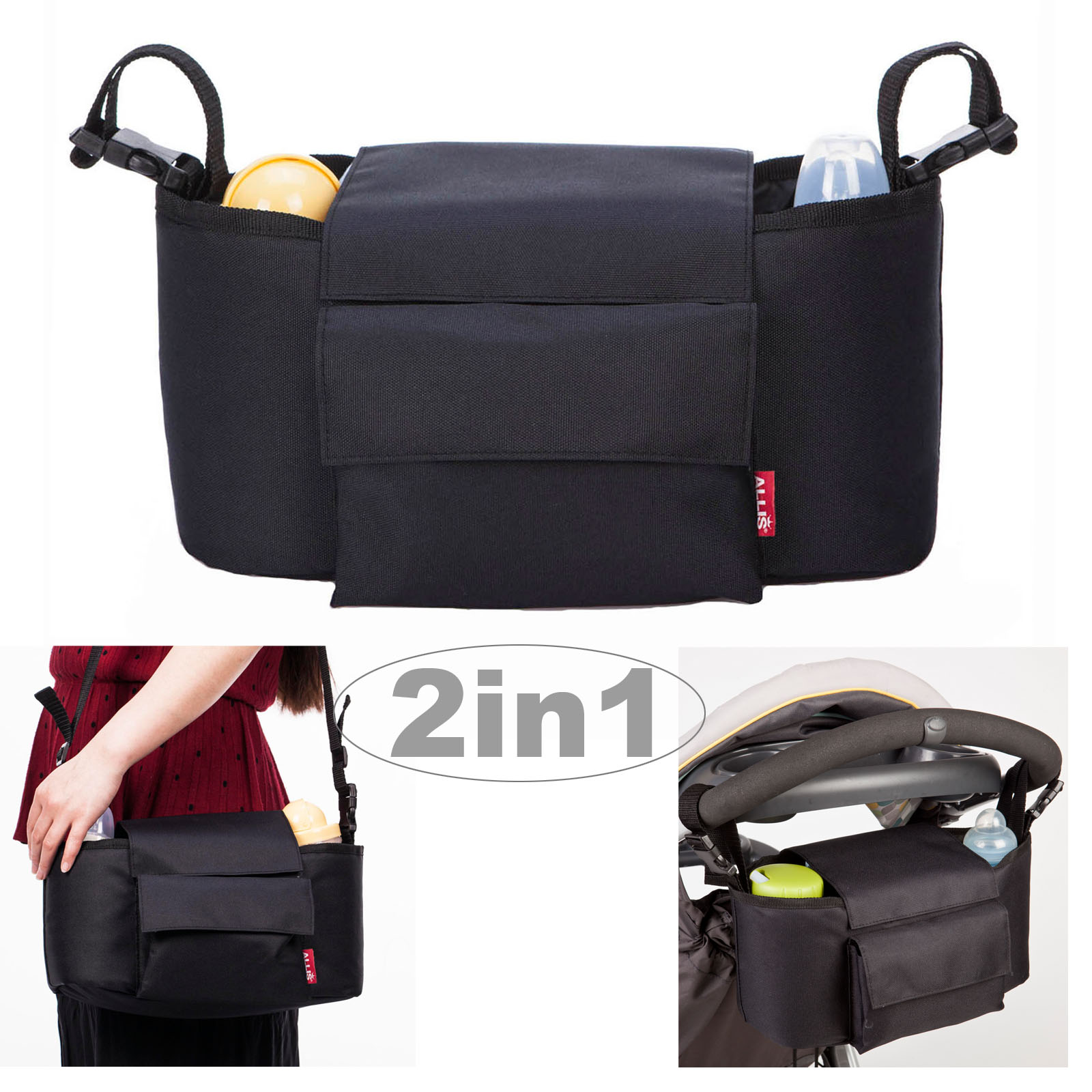Allis 2in1 Baby Changing Bag Pram Storage Buggy Organizer Black Large